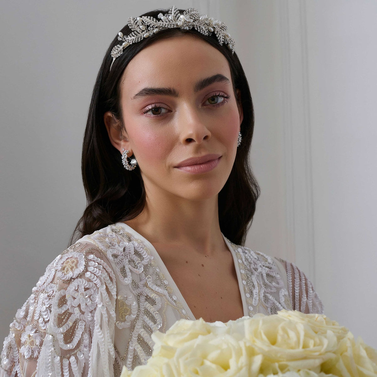 Leah Crystal Pave Leaf And Pearl Tiara - Gift Pouch