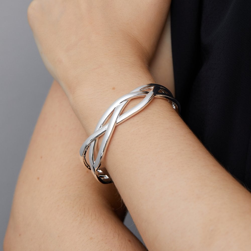 Inicio Recycled Sterling Silver Plated Cross Over Bangle Bracelet - Gift Pouch