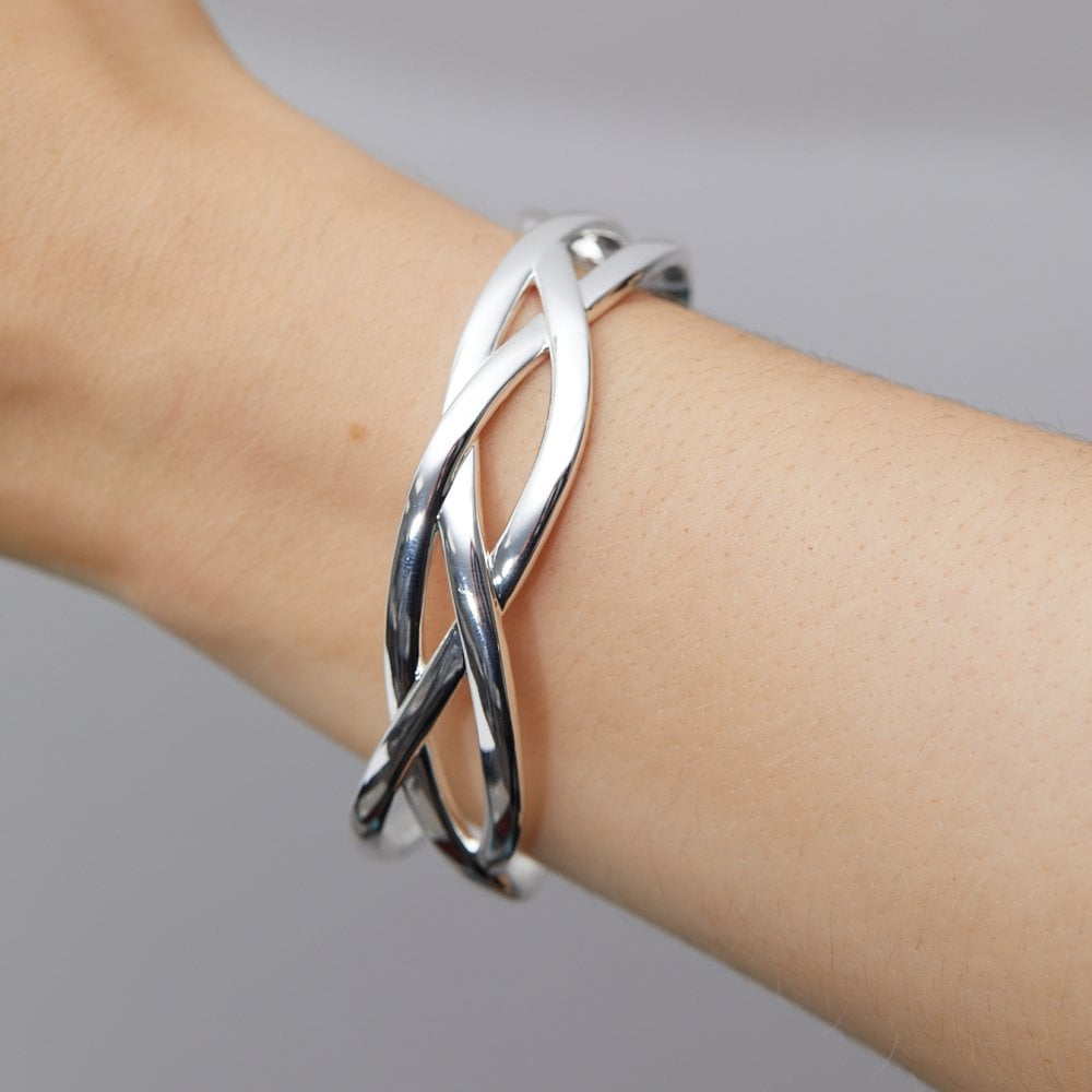 Inicio Recycled Sterling Silver Plated Cross Over Bangle Bracelet - Gift Pouch