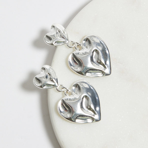 Mood Recycled Silver Polished Fluid Heart Double Drop Earrings