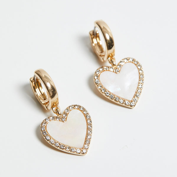 Mood Gold White Mother Of Pearl Heart Huggie Hoop Earrings
