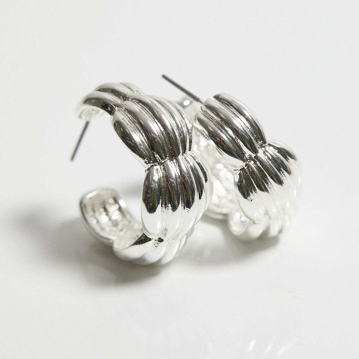 Mood Recycled Silver Polished Tapered Ribbed Hoop Earrings