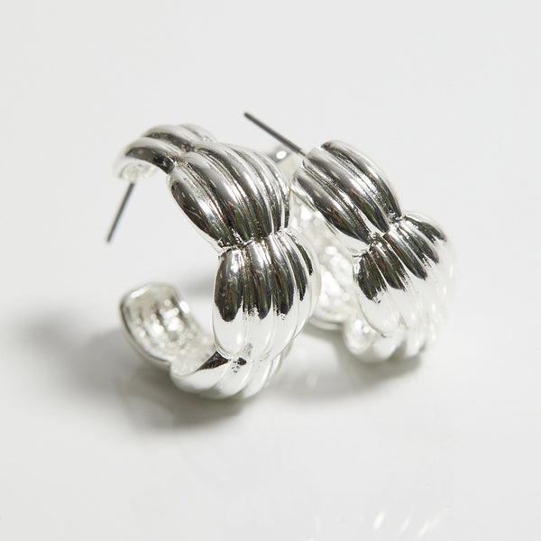 Mood Recycled Silver Polished Tapered Ribbed Hoop Earrings