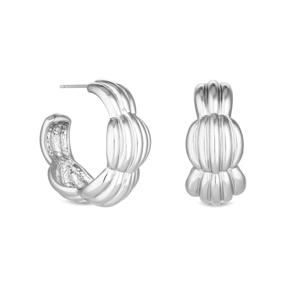 Mood Recycled Silver Polished Tapered Ribbed Hoop Earrings