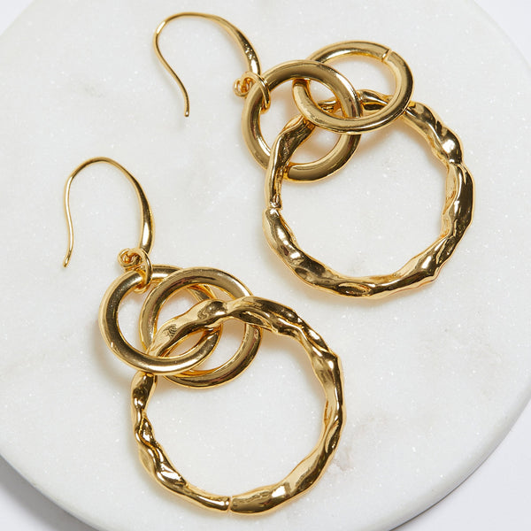 Mood Gold Polished Fluid Multi Ring Fish Hook Drop Earrings