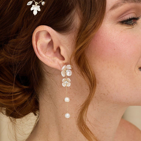 Jon Richard Gold Plated White Floral And Freshwater Pearl Linear Earrings