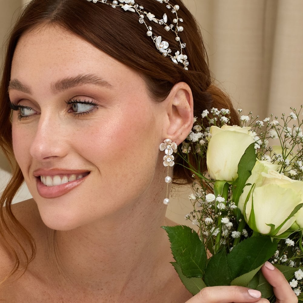 Jon Richard Gold Plated White Floral And Freshwater Pearl Linear Earrings