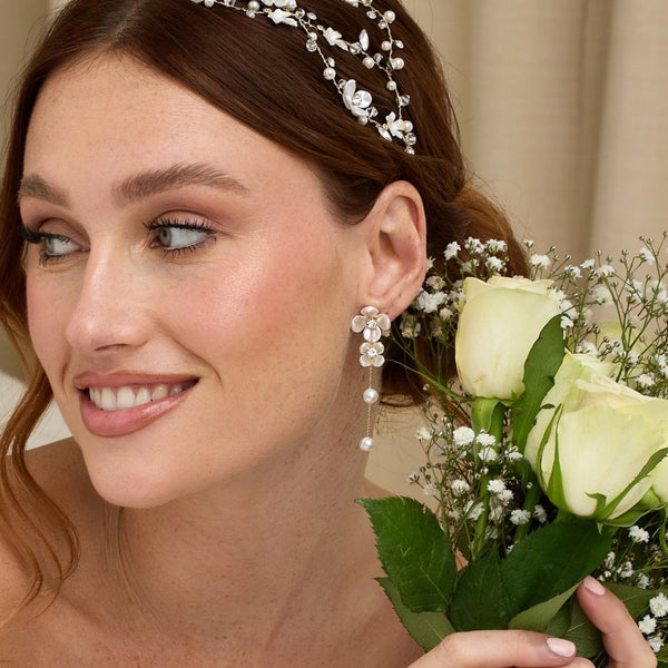 Jon Richard Gold Plated White Floral And Freshwater Pearl Linear Earrings