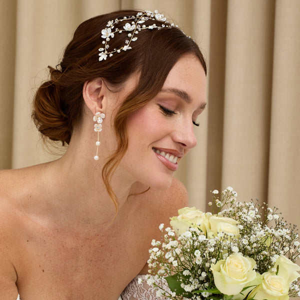 Jon Richard Gold Plated White Floral And Freshwater Pearl Linear Earrings