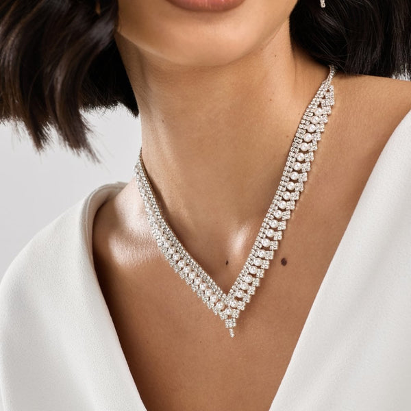 Jon Richard Silver Plated Pearl And Crystal V Necklace