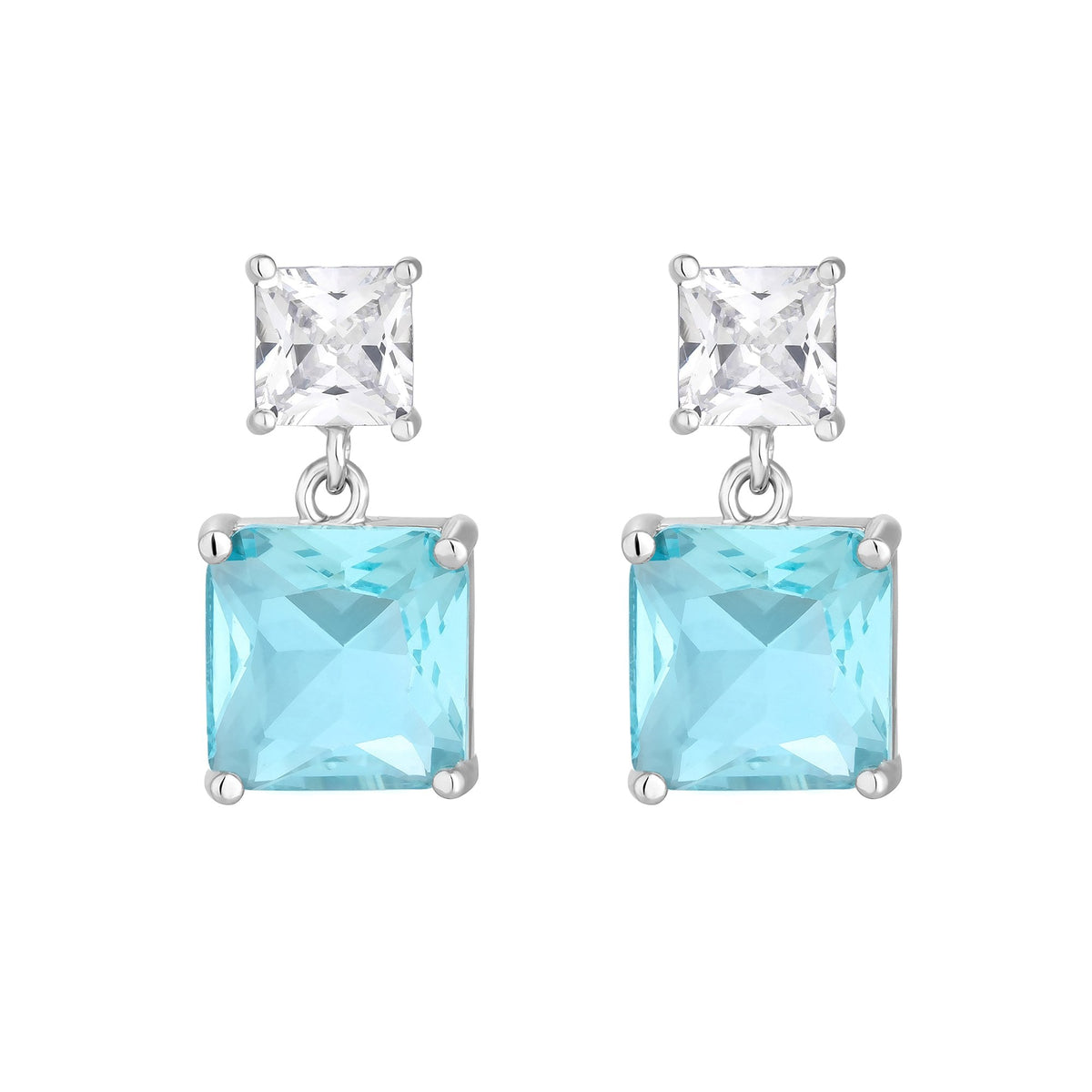Jon Richard Rhodium Plated And Cubic Zirconia Aqua Cushion Drop Earrings