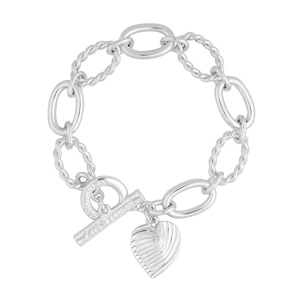 Lipsy Silver Textured Heart Charm T Bar Bracelet - Gift Boxed