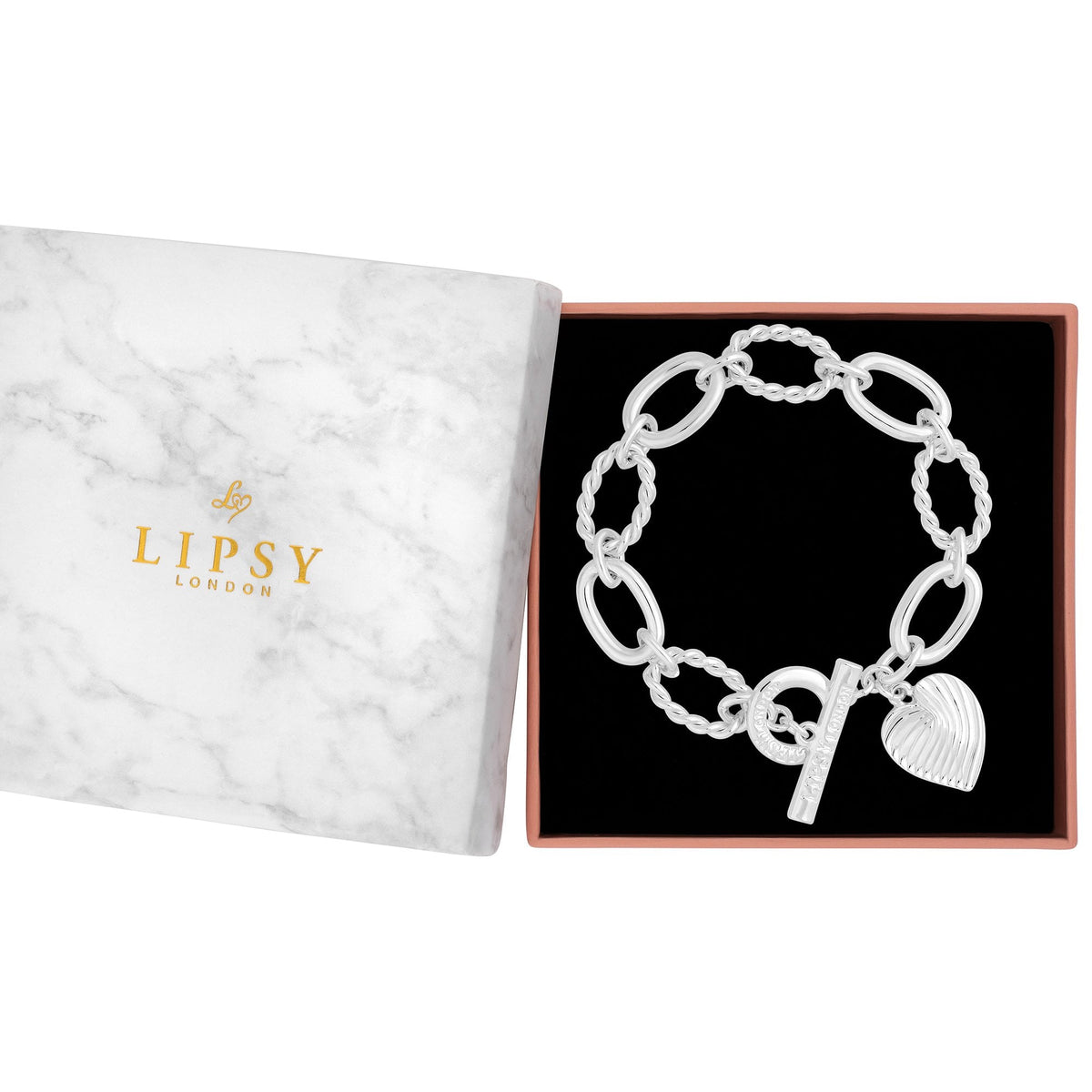 Lipsy Silver Textured Heart Charm T Bar Bracelet - Gift Boxed