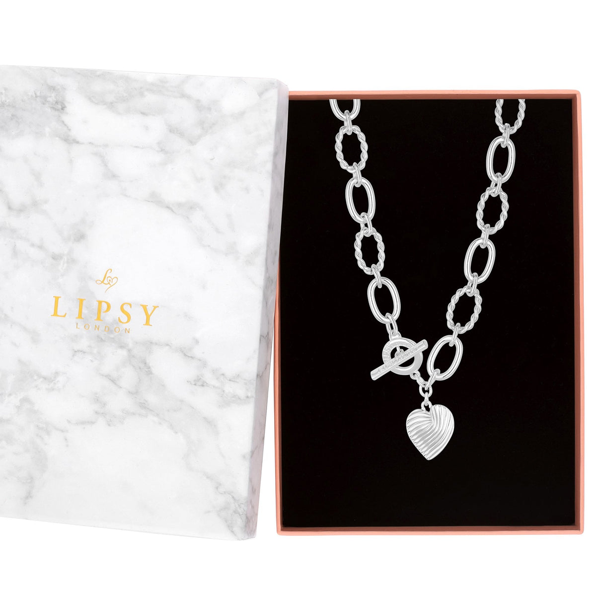 Lipsy Silver Textured Heart Charm T Bar Necklace - Gift Boxed