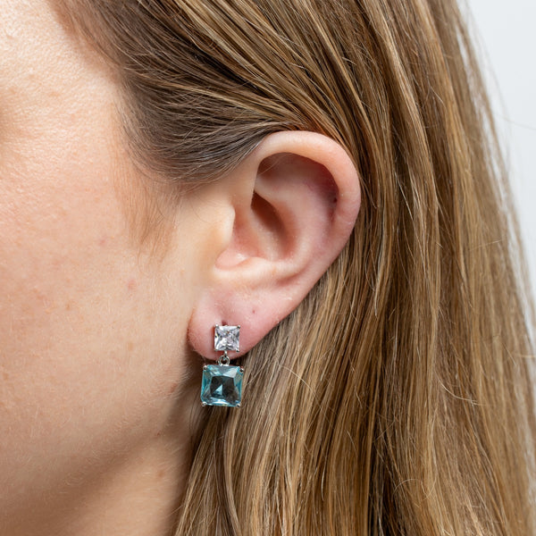 Jon Richard Rhodium Plated And Cubic Zirconia Aqua Cushion Drop Earrings