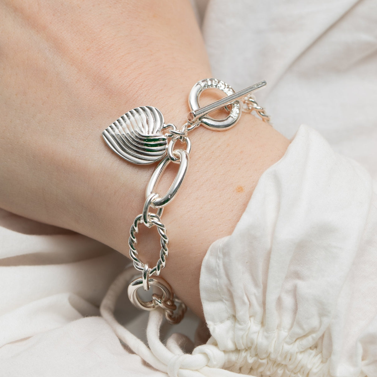Lipsy Silver Textured Heart Charm T Bar Bracelet - Gift Boxed