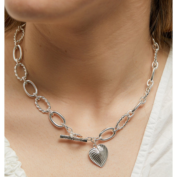 Lipsy Silver Textured Heart Charm T Bar Necklace - Gift Boxed