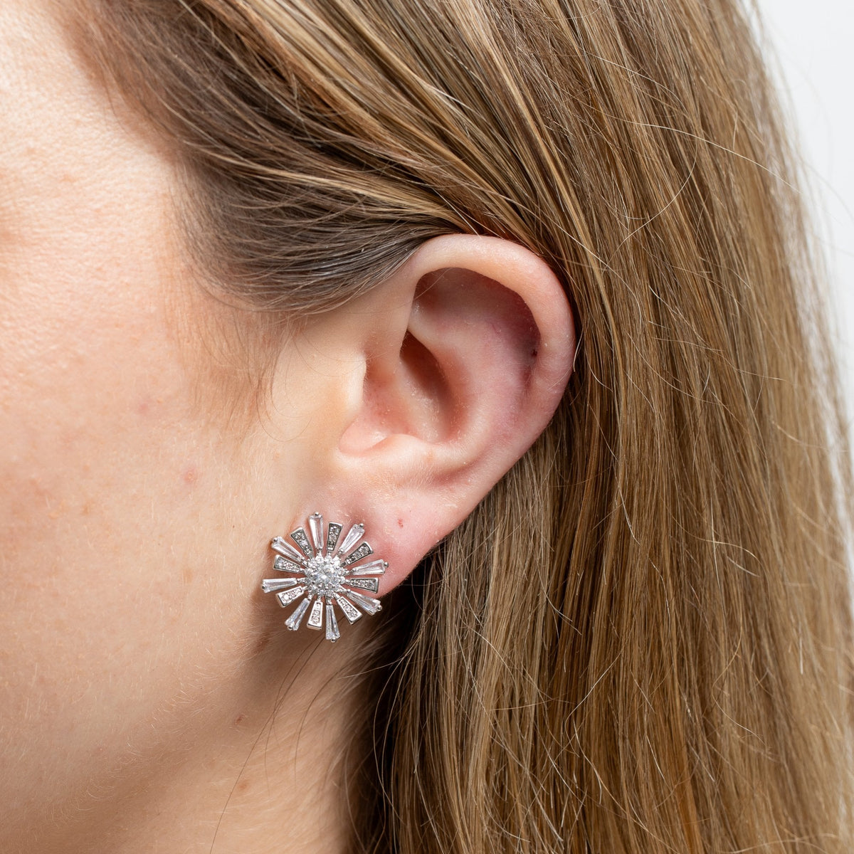 Jon Richard Rhodium Plated Baguette Starburst Stud Earrings