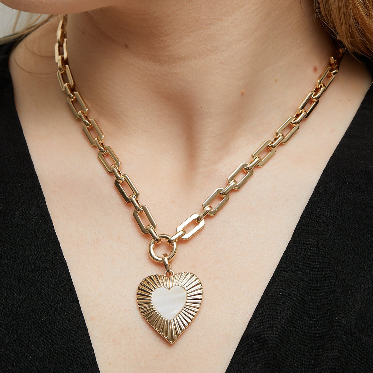 Mood Gold Mother Of Pearl Textured Heart Short Pendant Necklace