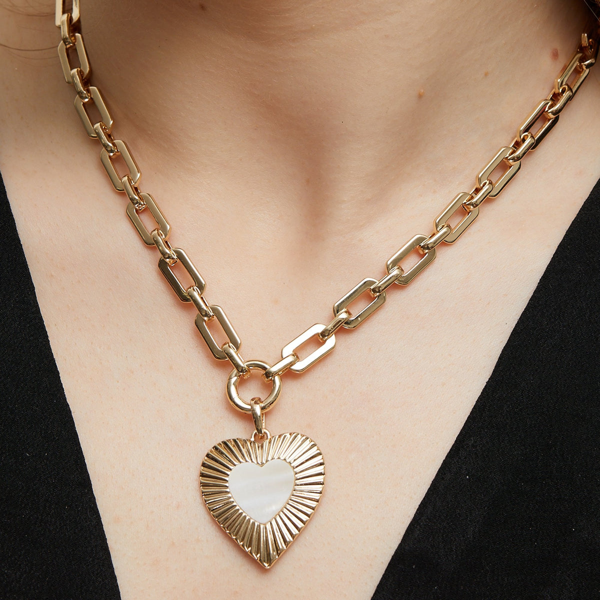 Mood Gold Mother Of Pearl Textured Heart Short Pendant Necklace