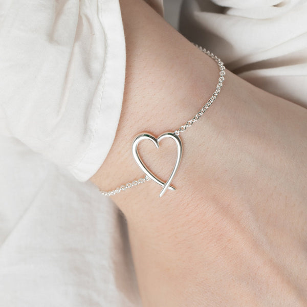 Sterling Silver 925 Polished Open Heart Bracelet