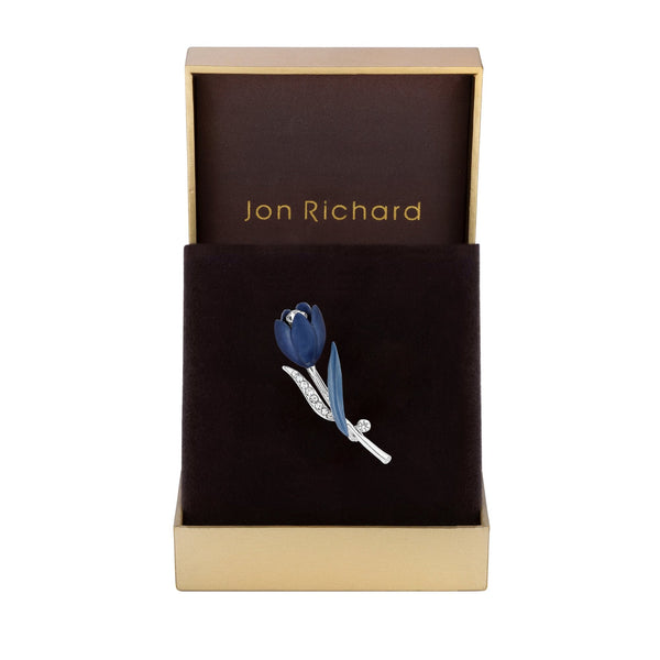 Jon Richard Rhodium Plated Blue Enamel Flower Brooch - Gift Boxed