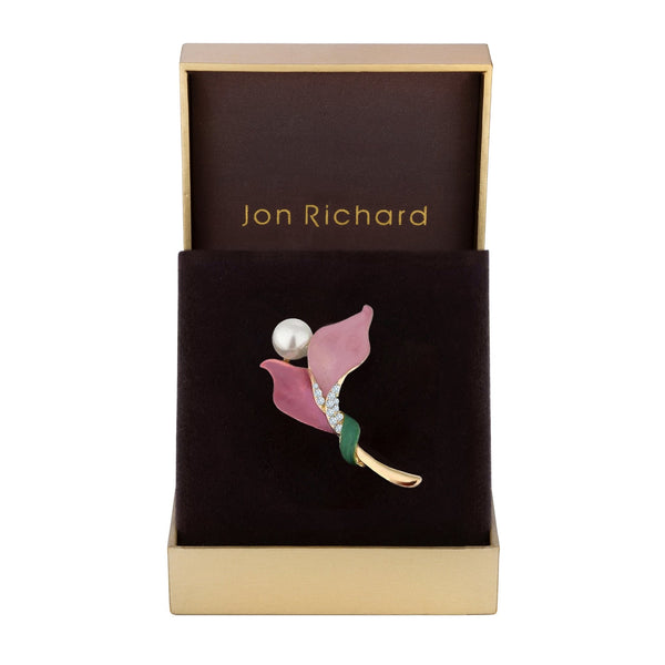 Jon Richard Gold Plated Pink Enamel Floral Brooch - Gift Boxed
