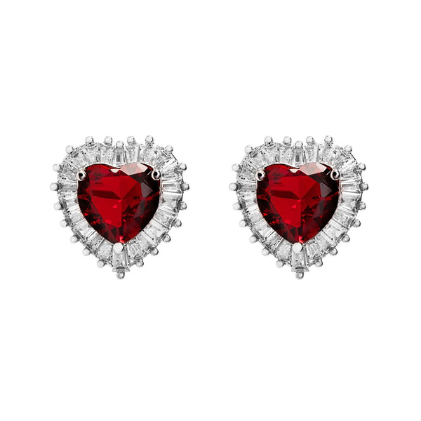 Jon Richard Rhodium Plated Cubic Zirconia Ruby Heart Stud Earrings - Gift Boxed
