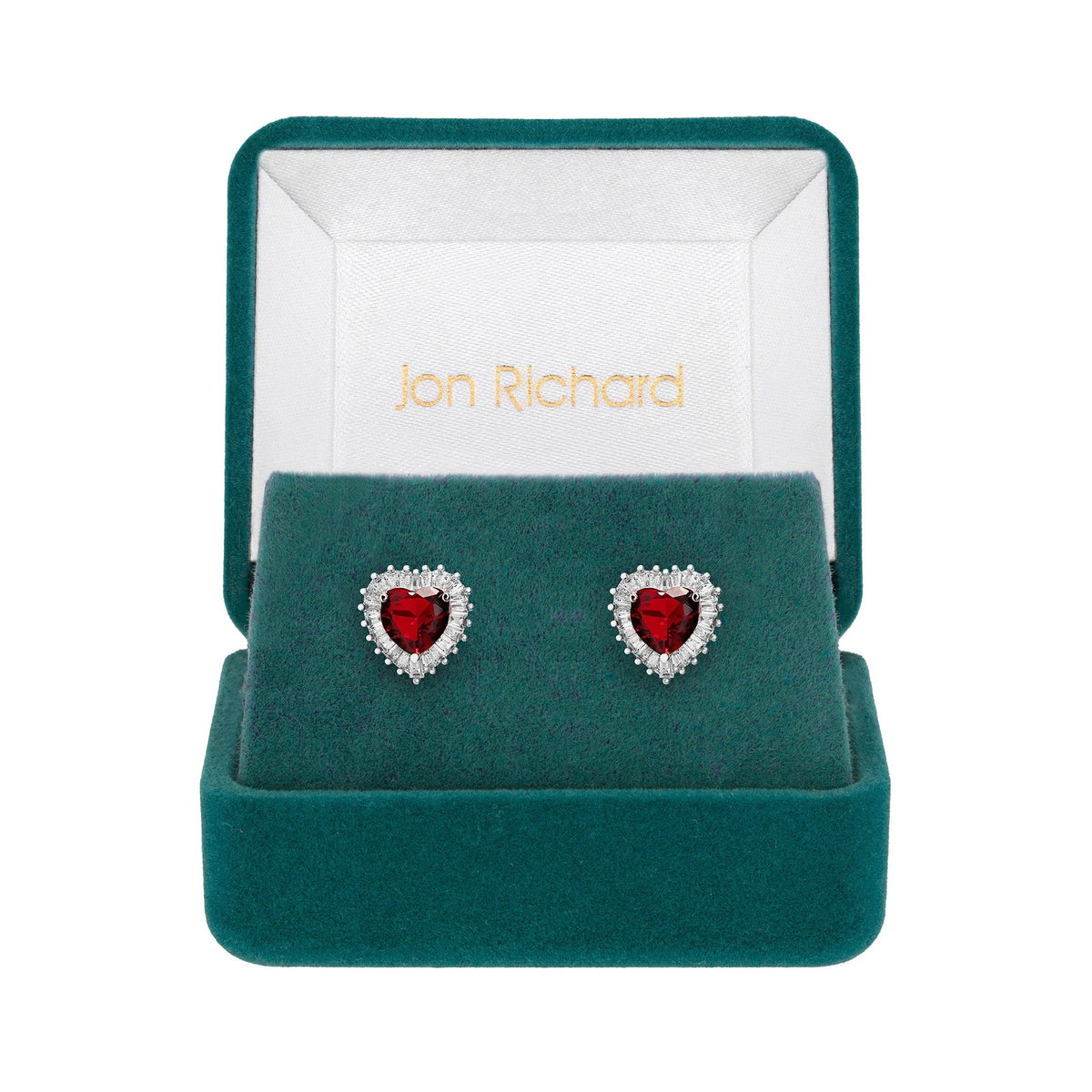 Jon Richard Rhodium Plated Cubic Zirconia Ruby Heart Stud Earrings - Gift Boxed