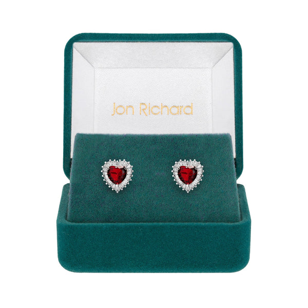 Jon Richard Rhodium Plated Cubic Zirconia Ruby Heart Stud Earrings - Gift Boxed