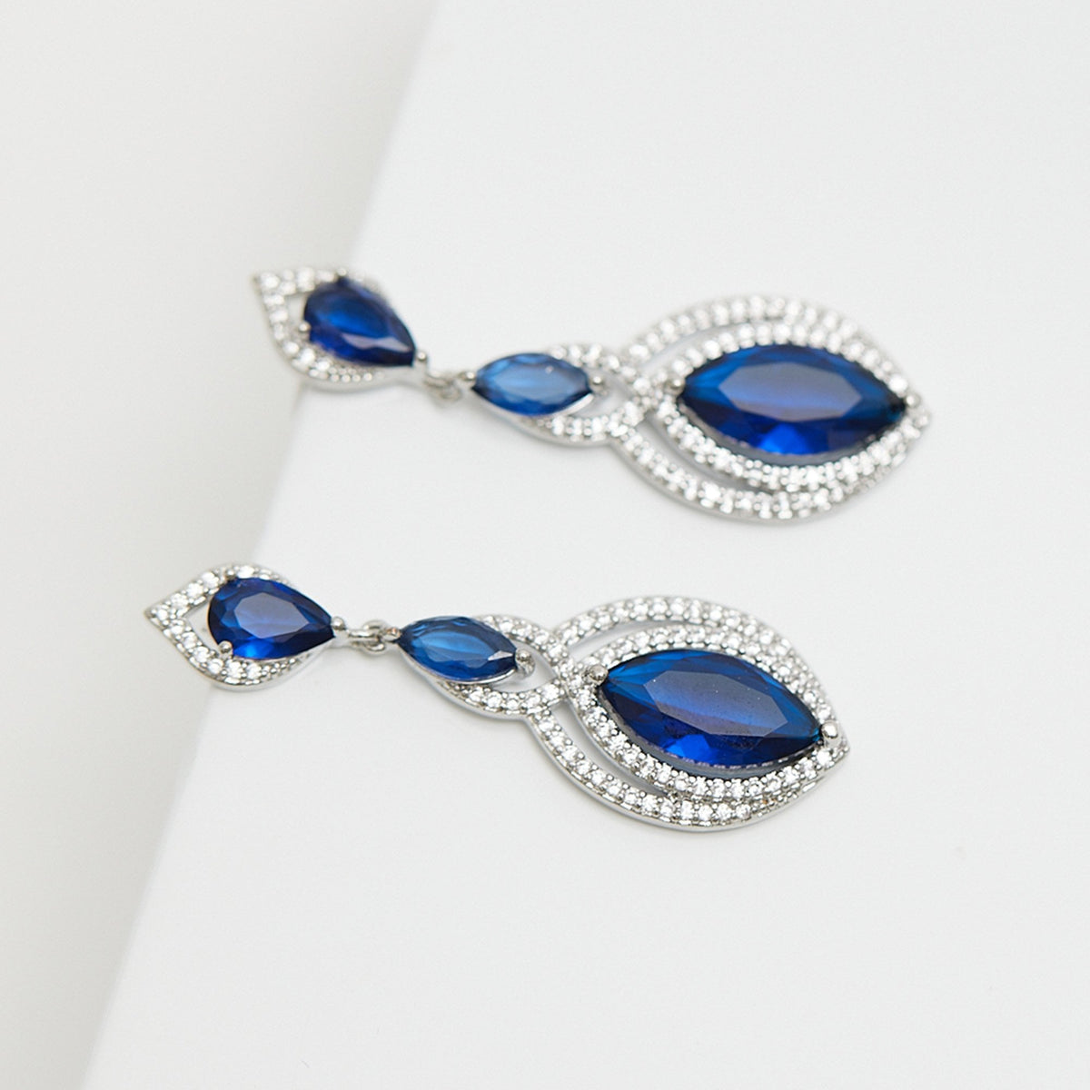 Jon Richard Rhodium Plated Blue Navette Statement Drop Earrings