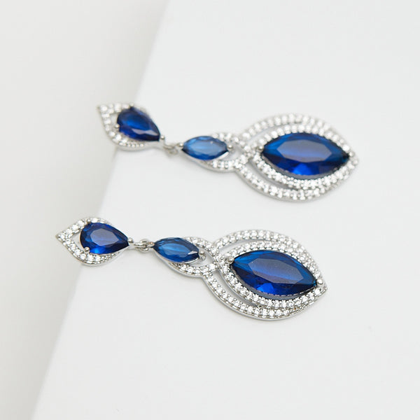 Jon Richard Rhodium Plated Blue Navette Statement Drop Earrings