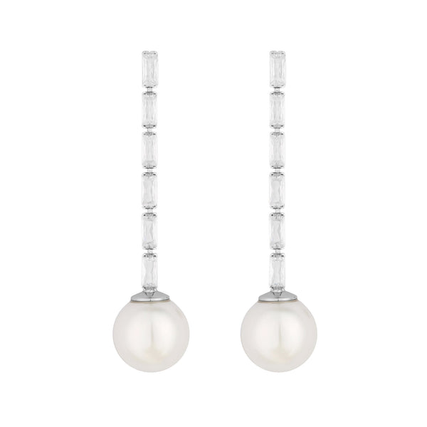 Jon Richard Rhodium Plated Cubic Zirconia Long Pearl Drop Earrings