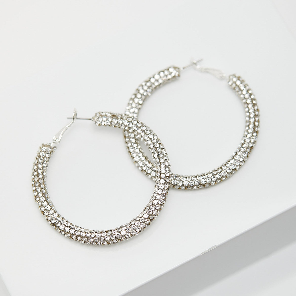 Silver Crystal Pave Tube Hoop Earring
