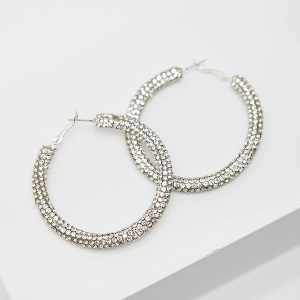 Silver Crystal Pave Tube Hoop Earring