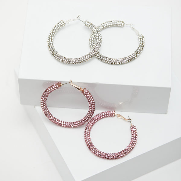 Silver Crystal Pave Tube Hoop Earring