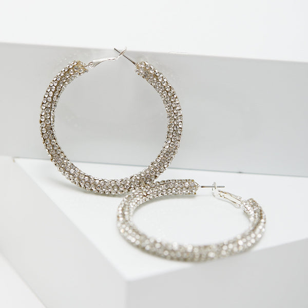 Silver Crystal Pave Tube Hoop Earring