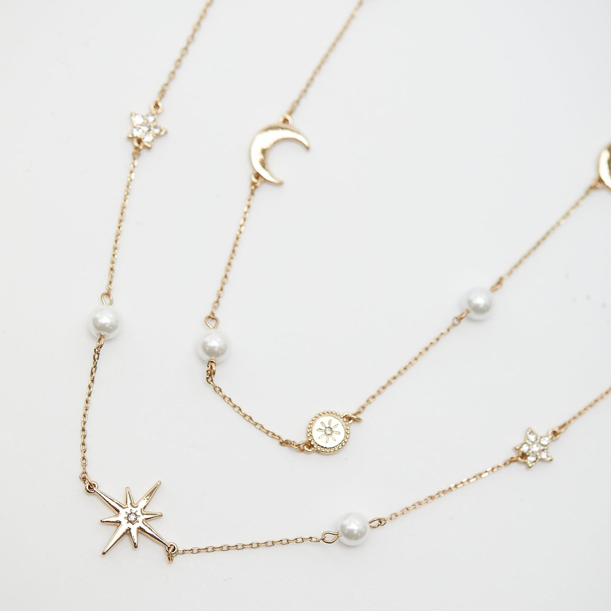 Gold Plated Crystal And Cream Pearl Celestial Necklace
