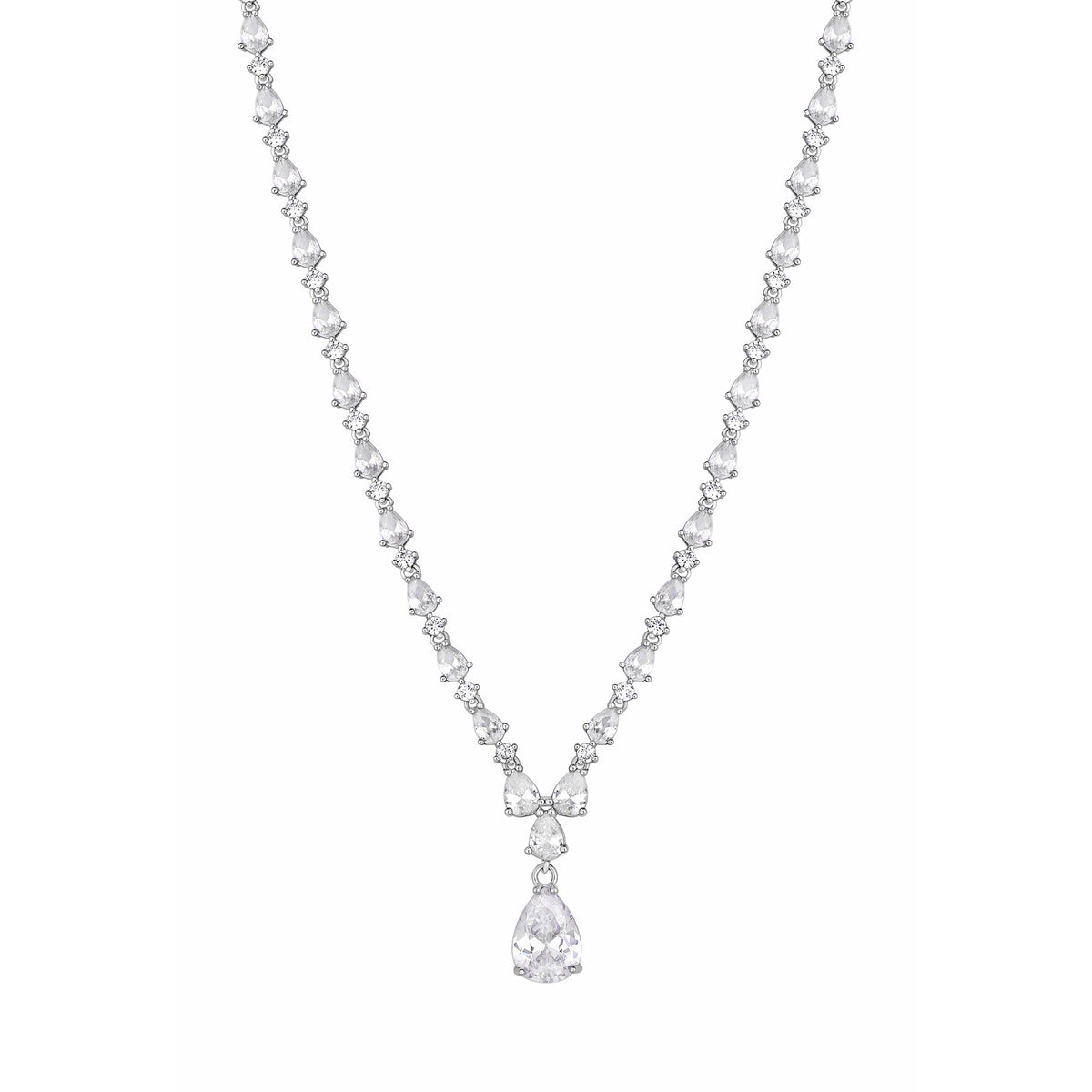 Silver Plated Clear Cubic Zirconia Graduated Pear Y Drop Short Pendant Necklace