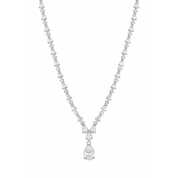 Silver Plated Clear Cubic Zirconia Graduated Pear Y Drop Short Pendant Necklace