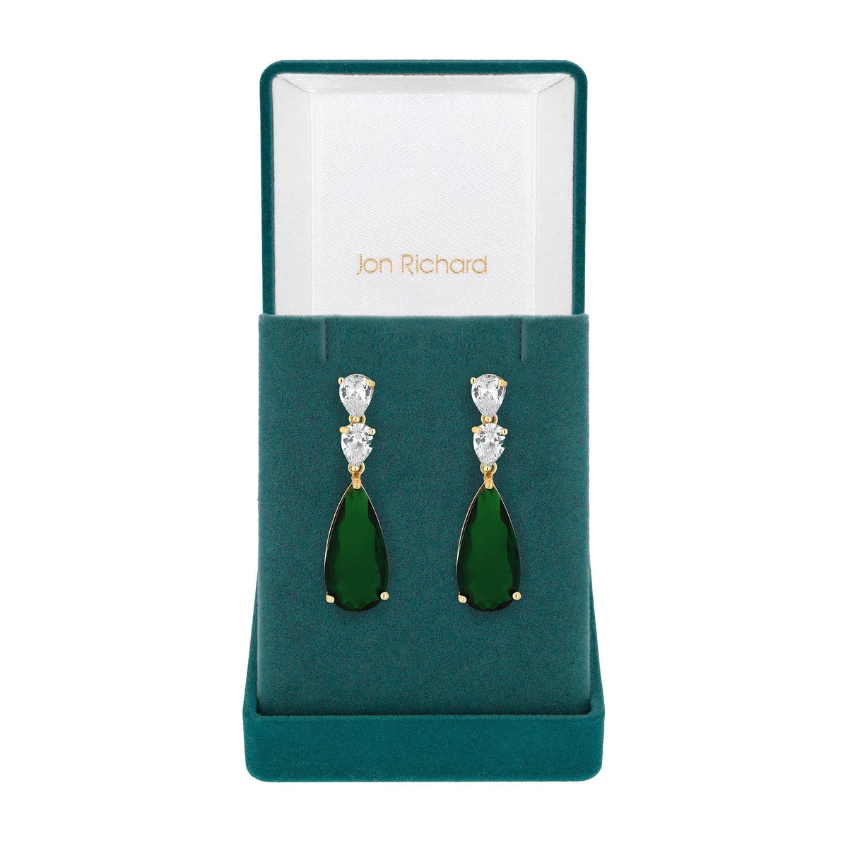 Gold Plated Cubic Zirconia Emerald Green Pear Drop Earrings Gift Boxed