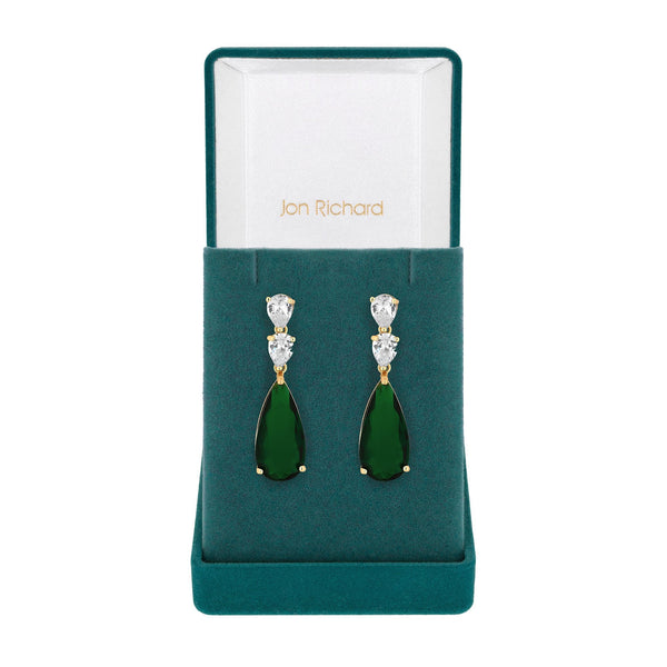 Gold Plated Cubic Zirconia Emerald Green Pear Drop Earrings - Gift Boxed