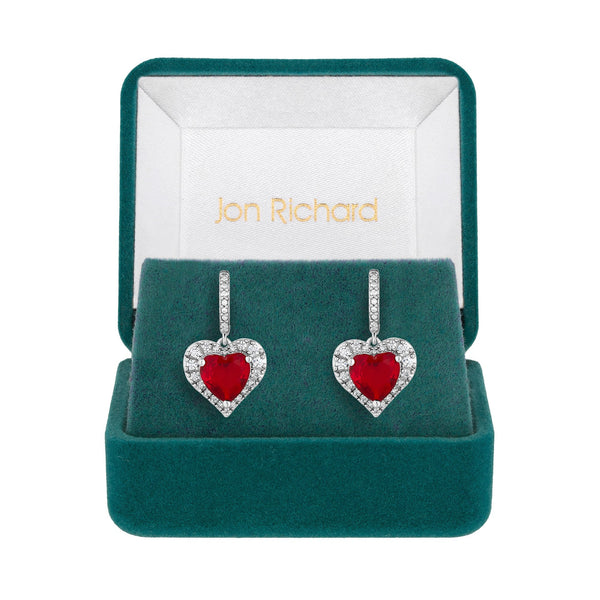 Jon Richard Rhodium Plated Cubic Zirconia Red Heart Earrings - Gift Boxed