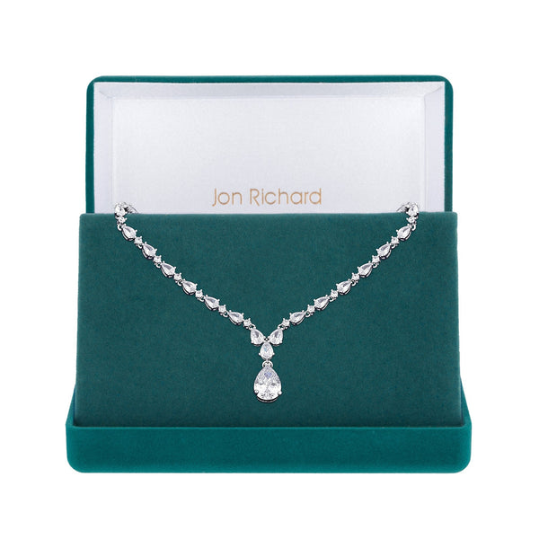 Silver Plated Clear Cubic Zirconia Graduated Pear Y Drop Short Pendant Necklace