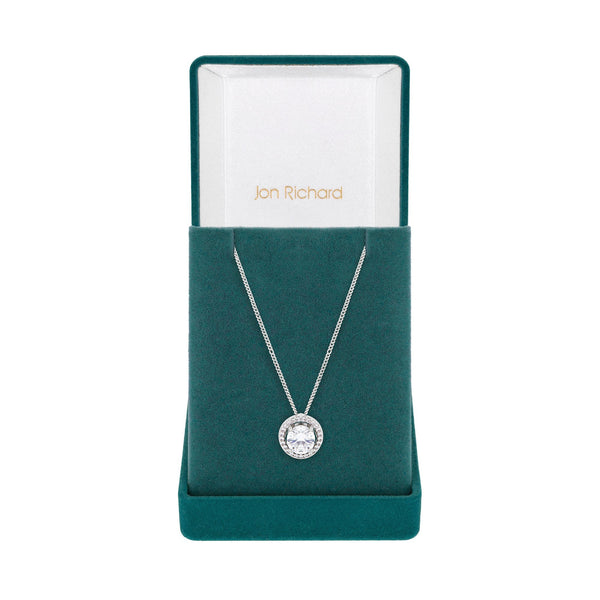 Jon Richard Rhodium Plated Cubic Zirconia Halo Pendant Necklace - Gift Boxed
