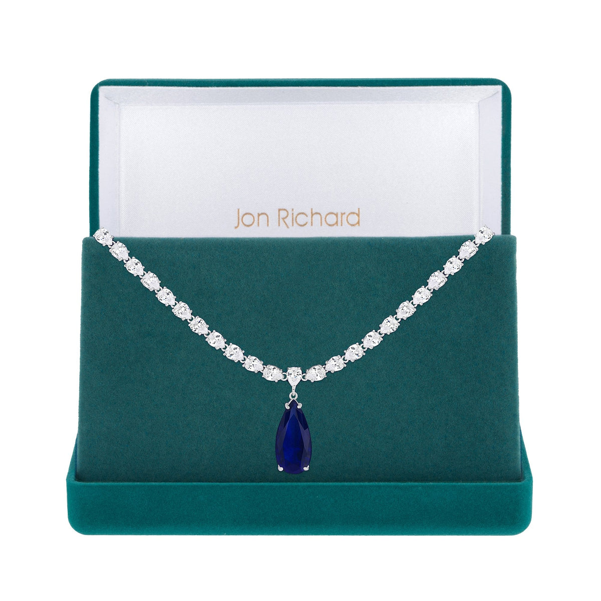 Jon Richard Rhodium Plated Cubic Zirconia Statement Blue Peardrop Necklace - Gift Boxed