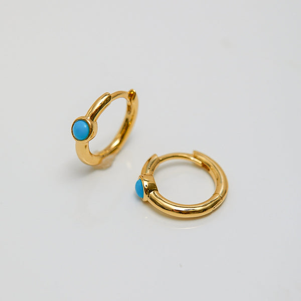 Inicio 14K Real Gold Plated Recycled Turquoise Stone Huggie Hoop Earrings - Gift Pouch
