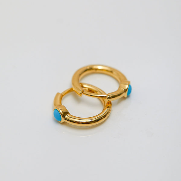 Inicio 14K Real Gold Plated Recycled Turquoise Stone Huggie Hoop Earrings - Gift Pouch