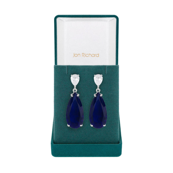 Jon Richard Rhodium Plated Cubic Zirconia Statement Blue Peardrop Earrings - Gift Boxed