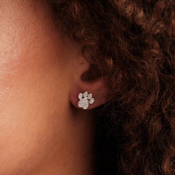 Sterling Silver 925 Cubic Zirconia Paw Print Stud Earrings